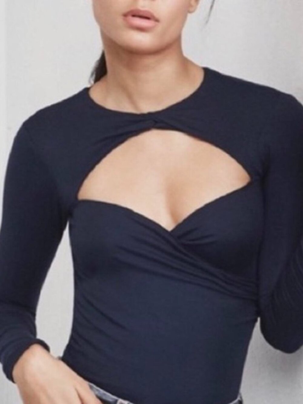 Reformation Peoria Bodysuit Navy Blue Long Sleeve Twist Front Stretch Top M